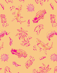 vector illustration of a tropical beach,Tropical summer exotic seamless pattern set, vector hand drawn ocean surf vintage print texture. Coastal ethnic nature mosaic background Hawaii island abstract 