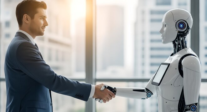 Professional businessman shaking hands with humanoid robot in bright modern office