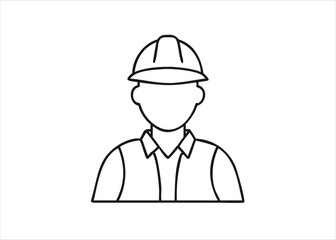Detailed line art illustration of a construction worker with tools and safety gear in a professional setting isolated on white background
