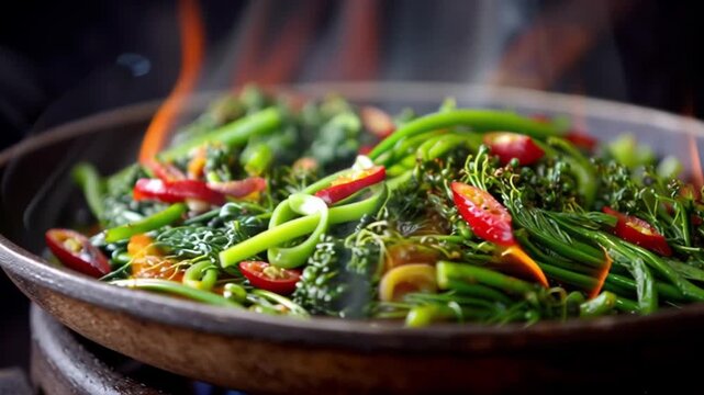 Steaming fresh green vegetables with red chili slices cooking in hot pan over flame, vibrant healthy vegetable stir fry full of fresh flavors and dynamic kitchen steam scene