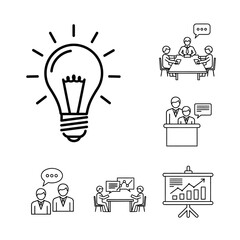 Minimalist line art icon set for business communication ideas meetings and data analysis.