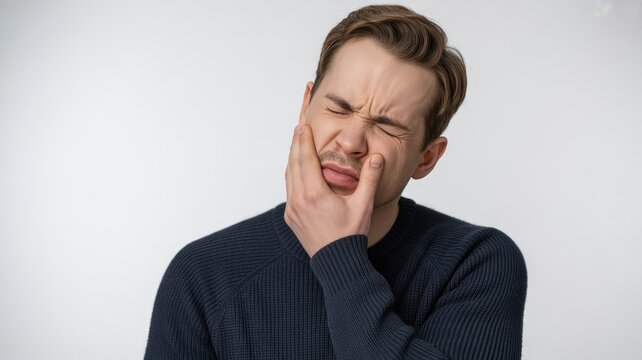 Man with short brown hair grimacing in pain holding his jaw with his hand wearing a dark blue sweater 2025 2026 4k full hd download