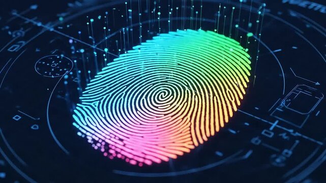 Glowing finger print texture on digital scanning interface. 4K Video