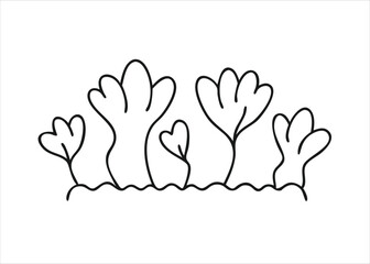 A hand drawn collection of various bush shapes and foliage elements presented as a simple line art icon set isolated on white background