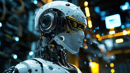 A futuristic robot in a high-tech environment with glowing lights and machinery.