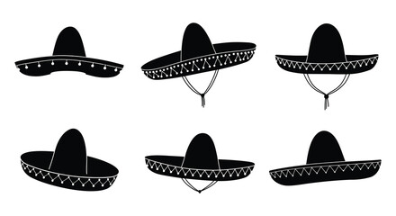 Collection of Mexican Sombrero Hats in Various Angles and Styles silhouette. vector design. Silhouette vector design illustration
