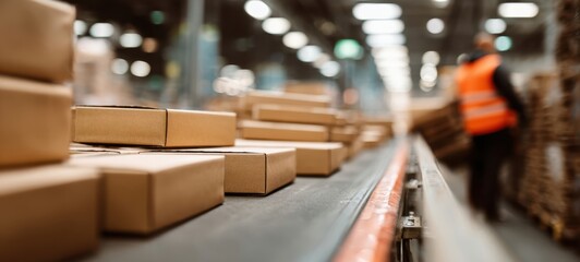 The busy warehouse featuring cardboard boxes on a conveyor belt.