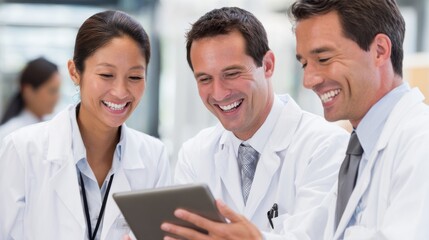 Fototapeta premium Joyful Doctors Reviewing Data on Tablet in Bright Office