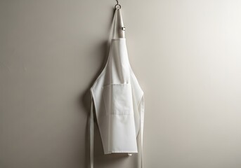 A clean white bib apron with a front pocket hanging on a wall hook