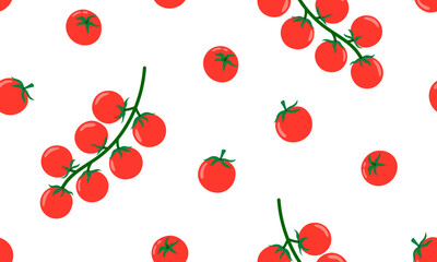Seamless pattern with cherry tomatoes branch. Vegetable background. Healthy vegetarian food. Hand drawn flat vector illustration