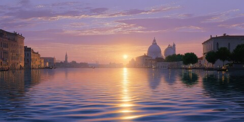 Fototapeta premium Sunset over the Grand Canal, golden hues reflecting in the water, domed churches in the background