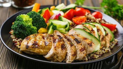 Grilled Chicken Breast and Fresh Vegetable Salad &ndash; A Healthy, Nutritious Meal Bursting with Freshness, Ideal for Light Diets, Fitness Goals, and Balanced Eating