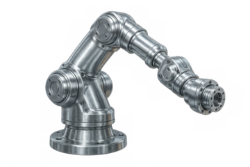 Metallic robotic arm extending, showcasing its intricate joints and metallic construction on a transparent background