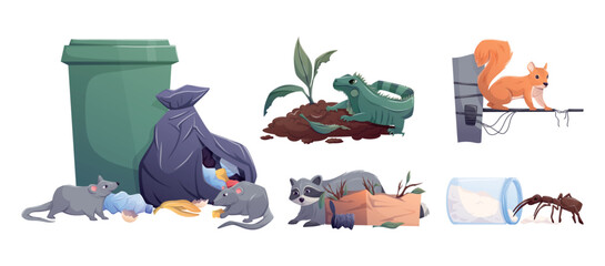 Cartoon isolated vector set of pest control problems. Isolated illustrations of trash, rodents, ants, iguanas, squirrels, raccoons and damaged property. Ideal for educational and advertising projects.