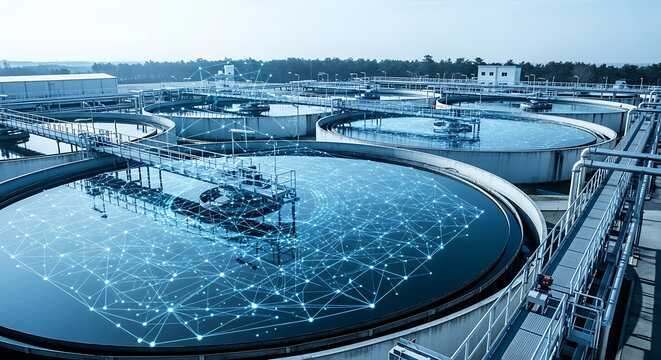 Futuristic water purification plant with advanced network technology illustration for environment