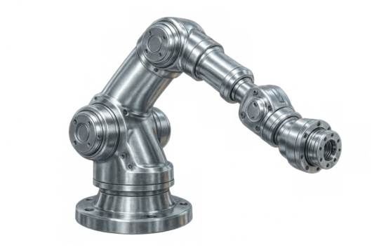 Metallic robotic arm extending, showcasing its intricate joints and metallic construction on a transparent background