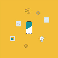 Digital Solutions Presentation Mockup with Mobile Phone Creativity and Innovation Illustrated with Light bulbs and Technology Related Icons
