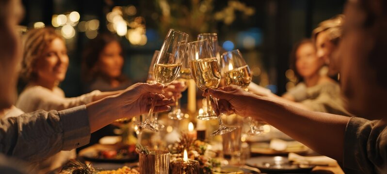 The joyful toast of friends celebrating together at a festive dinner gathering