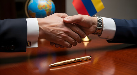Two diplomats or businessmen shake hands to finalize an international agreement with the Colombian flag present