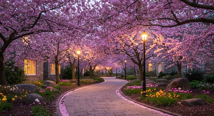 Fototapeta premium Enchanted Twilight Path Lined with Glowing Lampposts and Pink Sakura