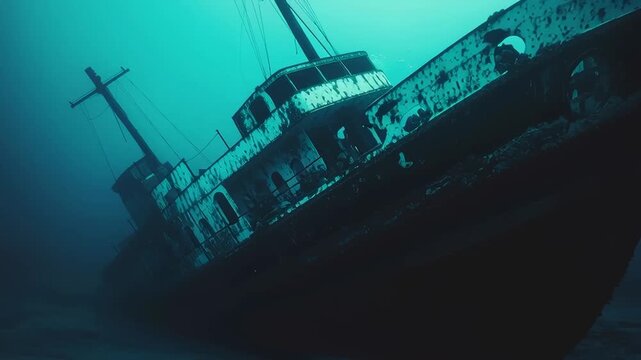 Ship burning and sinking in ocean	
