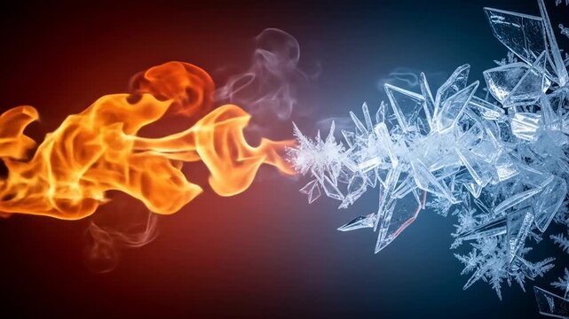 Striking Contrast of Fire and Ice with Vibrant Flames Meeting Crystalline Ice on a Gradient Background Showcasing Powerful Elemental Energy