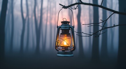 Fading Light: A Solitary Lantern's Warm Glow Piercing the Eerie Mist of a Deep Forest







