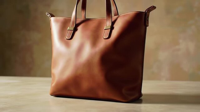Brown leather handbag on wooden table with warm lighting and earthy background