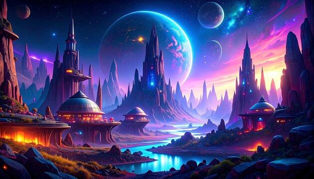 Cosmic city, vibrant landscape - Powered by Adobe