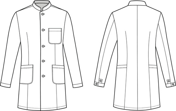 Professional lab coat CAD drawing, flat vector illustration, front and back view, medical uniform design, detailed sketch, Adobe Stock ready