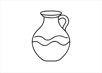 A simple line art depiction of a classic clay jug filled with clear liquid presented cleanly isolated on white background