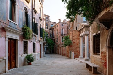 Venice street with cobblestones and faded frescoes, sense of old-world history