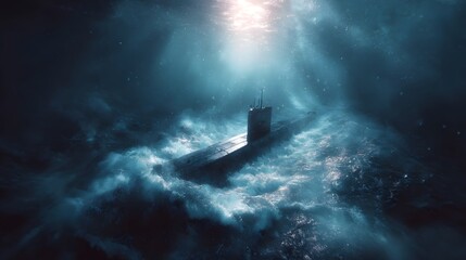 Submarine surfacing from an underwater mission in a stormy sea