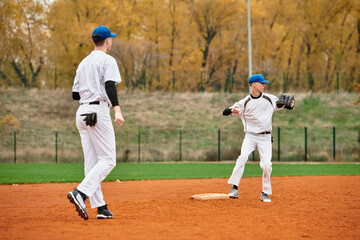 Two teens play an exciting baseball game on a lively afternoon field