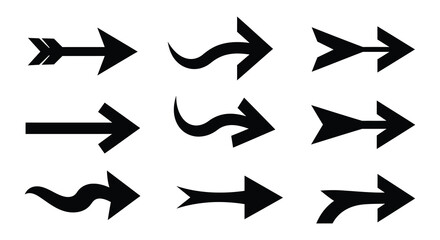 Set of Nine Black Arrows Pointing Right in Various Styles silhouette. vector design. Silhouette vector design illustration
