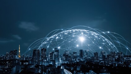 Global network enveloping a city at night