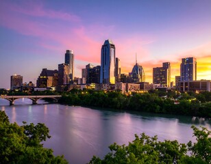 Obraz premium City skyline at sunset over a river (8)