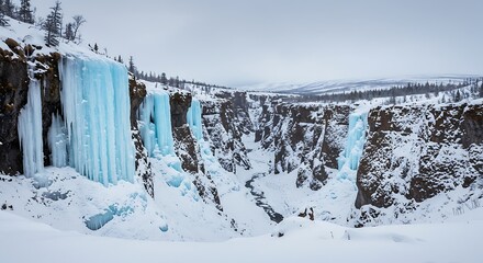 Vibrant Turquoise Icefall Dominates a Vast, Snowy Northern Canyon