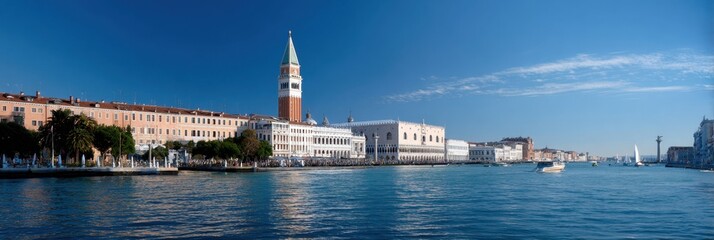 Naklejka premium View of Venice as part of a broader European itinerary, symbolic travel icons