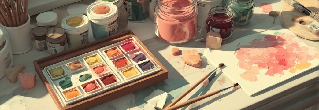 A vibrant artist's workspace filled with watercolor paints, brushes, and art supplies, inspiring creativity and imagination.