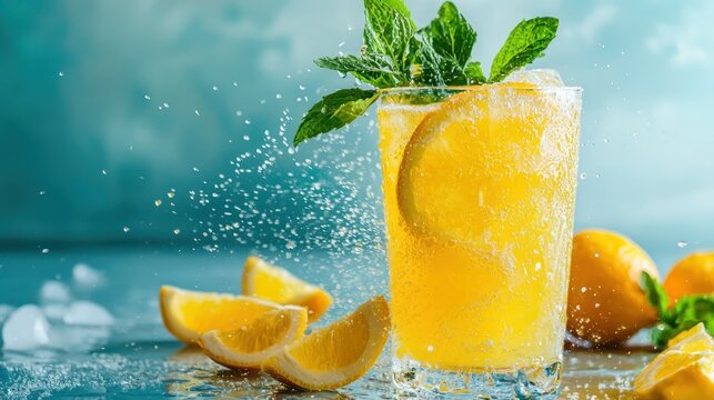 A refreshing orange drink with ice and mint leaves, garnished with lemon slices and a sprig of mint, on a blue background with ice cubes and lemon slices scattered around.