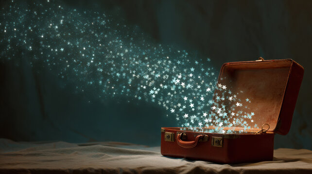 Mysterious suitcase filled with sparkling lights emanating