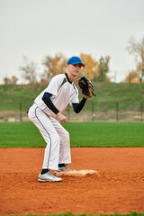 Energetic teenage boy ready to pitch on a baseball field during a sunny afternoon