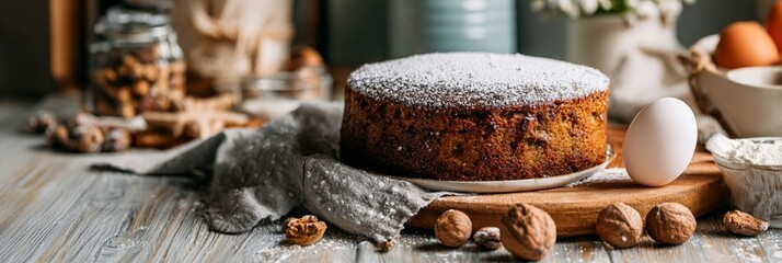 Rustic homemade fruit cake dusted with powdered sugar, surrounded by fresh eggs, nuts, and baking ingredients on a wooden surface, showcasing traditional baking artistry