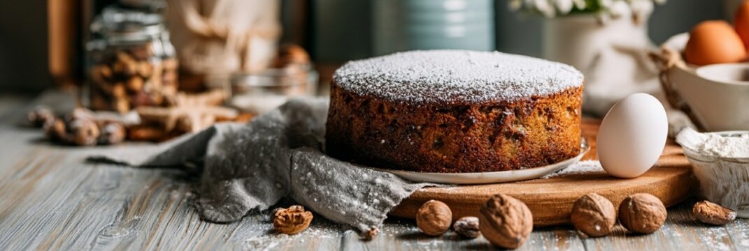 Rustic homemade fruit cake dusted with powdered sugar, surrounded by fresh eggs, nuts, and baking ingredients on a wooden surface, showcasing traditional baking artistry