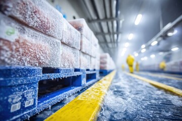 Pallets of frozen goods in a cold storage warehouse, with workers in protective suits, showcasing the food preservation process and cold chain logistics in a frosty atmosphere.