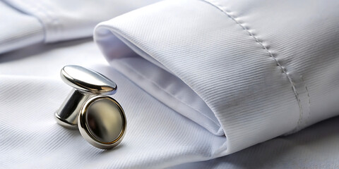 Closeup of elegant silver cufflinks resting on the crisp white cuff of a formal mens dress shirt, highlighting sophisticated style