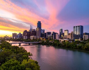 Obraz premium City skyline at sunset over a river (13)