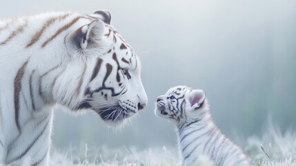 A mother white tiger and her adorable cub share a loving moment in nature.