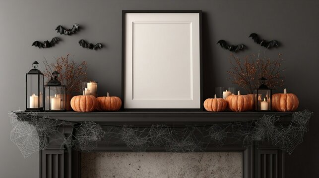 Cozy Halloween home decor with white frame mockup, pumpkins, candles, and bat silhouettes creating a festive autumn mantelpiece ambiance
